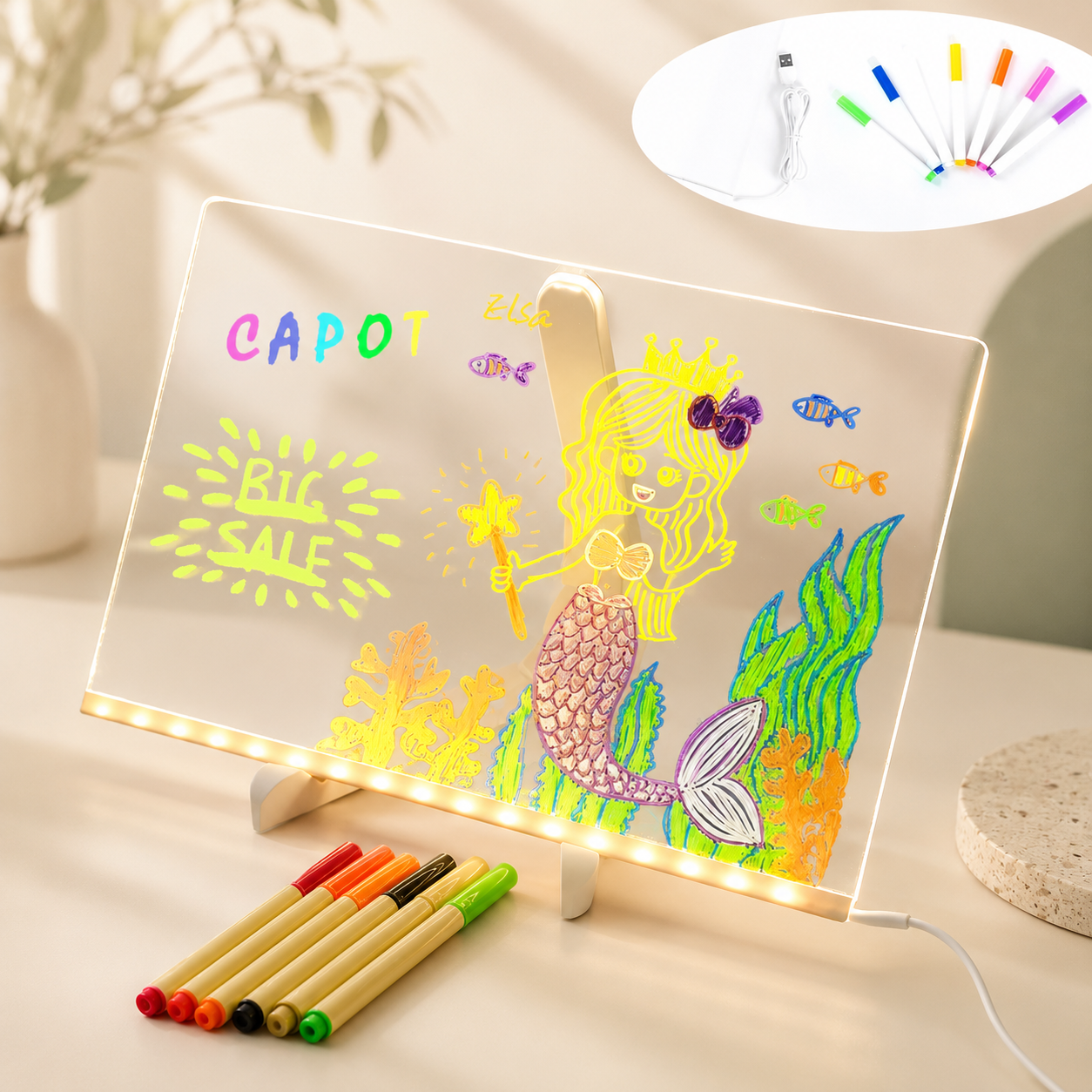 Pizarra Led Mágica Infantil Para Dibujar c/ Soporte y Marcadores